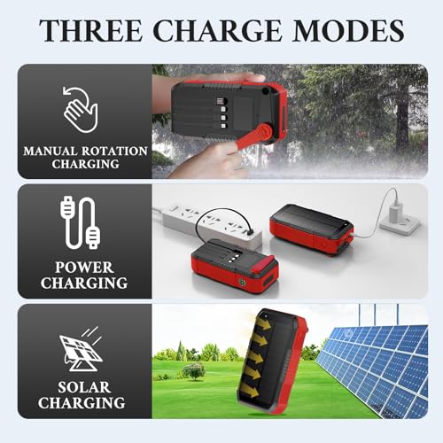 Solar Power Bank 66800mAh Built in Hand Crank for Camping and Hiking | Fast Charge,4 Built in Cable,5 Outputs & 3 Inputs Multi Device Charging,SOS/Flashlight/Compass,Waterproof - color: red