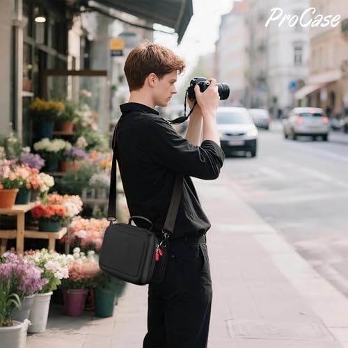 ProCase Hard Shell Digital Camera Case for Canon Rebel T7 -Black | Soft Padded Bag with 1 Shoulder Strap and 3 Adjustable Dividers for Digital Camera EOS R100/R50/DSLR/SLR/Nikon/Sony - color: Black