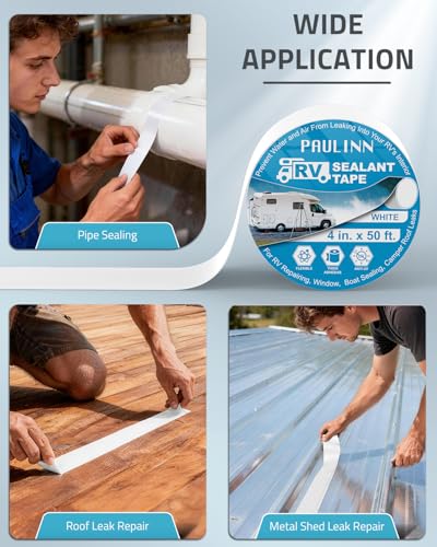 PAULINN RV Camper Roofing Repair Sealant Tape White, 4 Inch X 50 Foot Natural Rubber Roof Sealing Tape, UV & Weatherproof Roof Seal Tape for RV Camper Trailer Boat Sealing Leak Repair - style: 4in*50ft