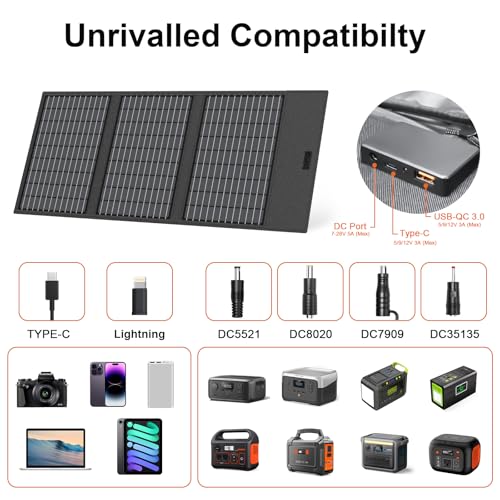 45W Portable Solar Panel Charger with USB-C, USB-A and DC Outputs - size: 45W