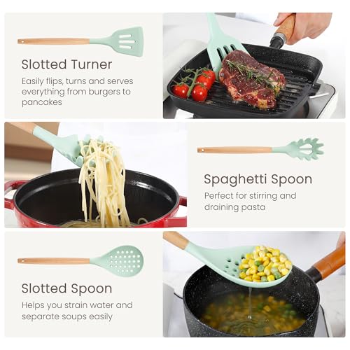 NCUE 26-Piece Food Grade Silicone Kitchen Utensils Set with Wooden Handles - color: Light Green-B, size: 26 Piece