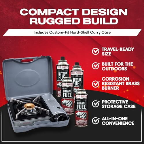 Chef Master Portable Butane Stove Combo for Camping - Stove + 4x 8oz Butane - 10,000 BTU Countertop Gas Burner w/Piezo Ignition - Good for Indoor & Outdoor Cooking w/Wind Guard & Carry Case - 90011 - style: Stove & Fuel Combo