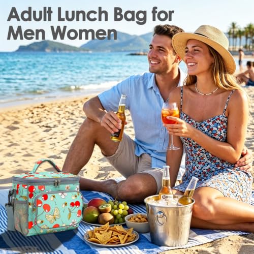 FlowFly Insulated Reusable Lunch Bag Adult Large Lunch Box for Women and Men with Adjustable Shoulder Strap,Front Zipper Pocket and Dual Large Mesh Side Pockets,Cherry - color: Cherry