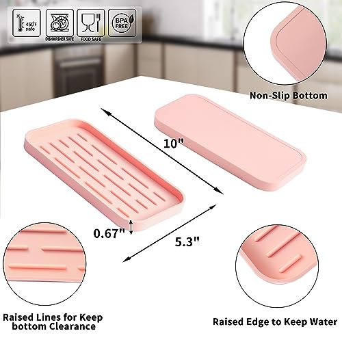 MicoYang Silicone Kitchen Sink Organizer Tray for Multiple Usage,Easy Clean,Eco-Friendly Sponges Holder for Kitchen Bathroom Counter or Sink,Dish Soap Dispenser,Scrubber,Bottle,Cup Pink 10”x 5.3” - color: Pink, size: 10" x 5.3" x 0.7"