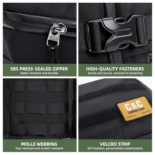 Timeet Tactical Backpack for Men, 20 Inch Black 45L Large Capacity, U-Shaped Wide Opening Molle Military Hiking 3 Day Assault Pack, Water Resistant - color: Black