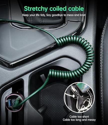 USB C Cable Fast Charging 60W 3FT/5FT, Coiled USB A to USB C Cable for Car | iPhone USB C Cable USB to Type C Charging for iPhone 17/16/15 Pro Max/Samsung Galaxy S20 S10 and More USB C Devices-Green - color: Green, size: 3FT/5FT, style: USB A to USB C