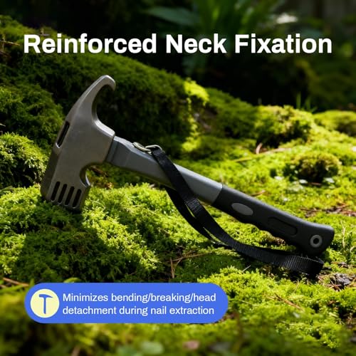 Camping Hammer with Tent Stake Remover, 12" Heavy Duty Steel Tent Mallet Rubber Covered Anti-Slip Handle & Holding Strap Multi-Functional for Camping, Backpacking, Hard Places (Black) - color: Black