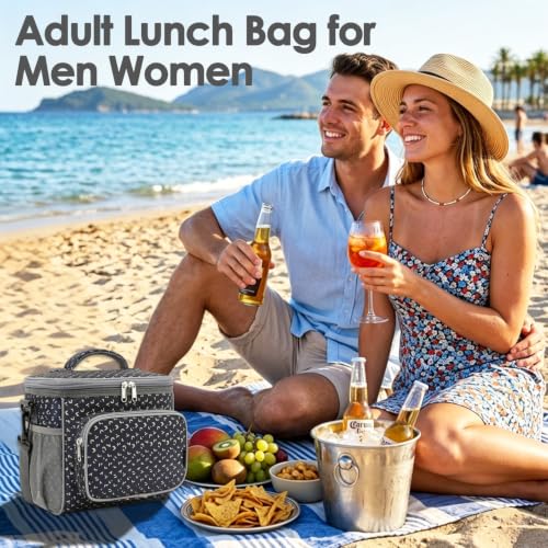 FlowFly Insulated Reusable Lunch Bag Adult Large Lunch Box for Women and Men with Adjustable Shoulder Strap,Front Zipper Pocket and Dual Large Mesh Side Pockets,Alphabet - color: Alphabet