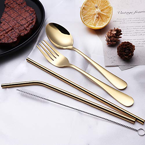 Portable Stainless Steel Flatware Set, Travel Camping Cutlery Set, Portable Utensil Travel Silverware Dinnerware Set with a Waterproof Case (Gold) - color: Gold