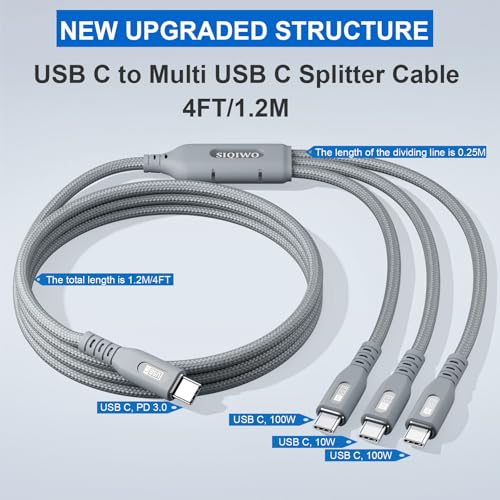 SIQIWO 100W USB C Multi Charging Cable, 4FT-1Pack PD3.0 Fast Charging Cable | 3 in 1 Multiple Charger Cord for iPhone17/16/15/MacBook Pro/Air/iPad/GalaxyS26/S25/ Pixel/Switch/PS5 (Charging Only,100W Max)