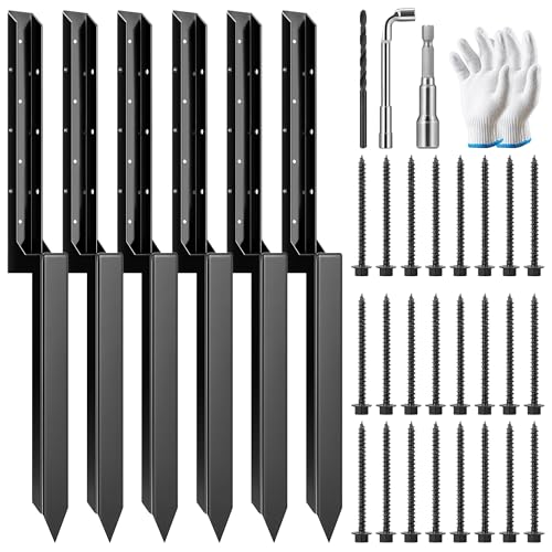 VIVOSUN 6 Pack Fence Post Repair Kit | Heavy-Duty Ground Spike with Gloves for Repairing Tilted or Broken Wood Posts