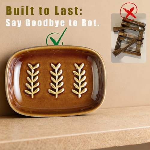 Miamolo Soap Dish for Shower, Bar Soap Holder with Raised Ridges, Non-Stick | Ceramic Soap Saver, Ideal for Counter & Countertop | Versatile Tray for Sponges, Jewelry & Brush | Easy Cleaning, Dark Brown - color: Dark Brown, size: Leaf Design