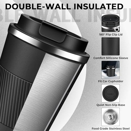 Insulated Coffee Tumbler 17 oz, Stainless Steel Coffee Mug with Lids, Travel Coffee Mug Leak Proof, Double Wall Vacuum Insulated Reusable Coffee Cup, Keep Drinks Hot and Cold (Black, 17 Ounces) - color: Black, size: 17 Ounces