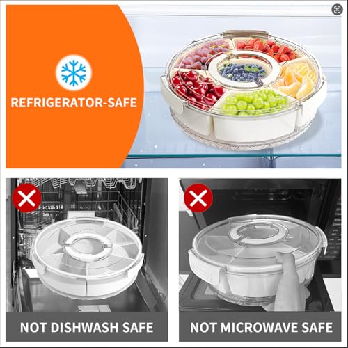 Divided Serving Tray with Lid and Handle, Portable Snackle Box Container for Fruits Snacks Charcuterie Organizer, Spinning Rounded Veggie Tray for Kitchen, Party, Travel and Picnic - size: 6 Compartments