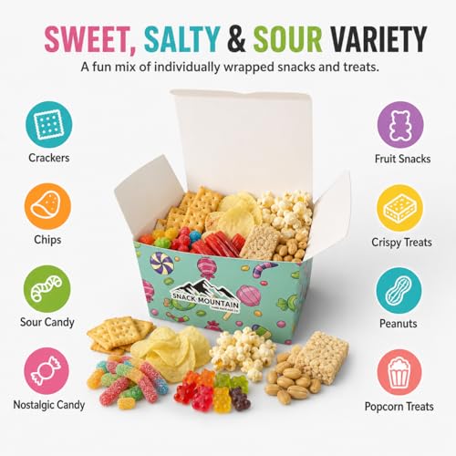Snack Mountain Sweet & Salty Snack Box – Giftable Candy, Chips, Crackers & Fruit Snacks Variety Care Package for College, Office, Birthday & Thank You