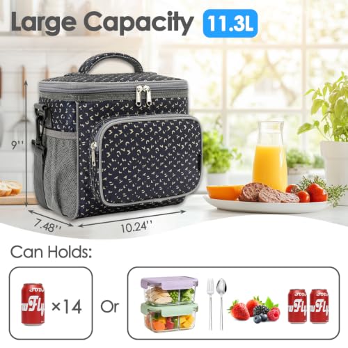 FlowFly Insulated Reusable Lunch Bag Adult Large Lunch Box for Women and Men with Adjustable Shoulder Strap,Front Zipper Pocket and Dual Large Mesh Side Pockets,Alphabet - color: Alphabet