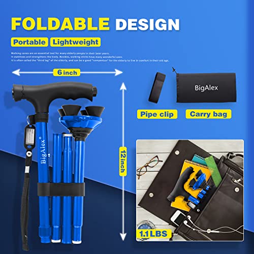 BigAlex Folding Walking Cane with LED Light,Pivoting Quad Base,Adjustable Walking Stick with Carrying Bag for Man/Woman (Alloy Base) - color: Blue(33"-38")