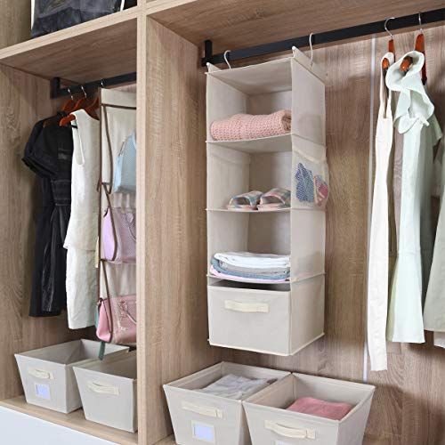 MAX Houser 4-Shelf Hanging Closet Organizer, Space Saver, Cloth Hanging Shelves with 2 Side Pockets, Foldable (Beige) | Foldable Fabric Hanging Shelves for Closet, Cloth Hanging Shelves with 2 sturdy hanging hooks, Small Space Saver - color: Beige-2