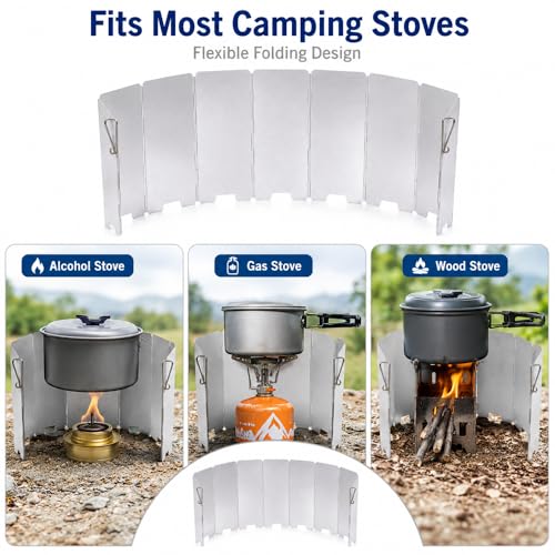 9 Pack Aluminum Camping Stove Windscreen, Foldable Lightweight Butane Burner Windshield with Storage Bag, Portable Outdoor Grill Wind Shield for Hiking, Cooking, BBQ, Backpacking - size: 9 Plates
