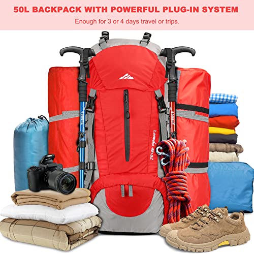 Loowoko 50L Hiking Backpack with Rain Cover for Both Men & Women - color: Red
