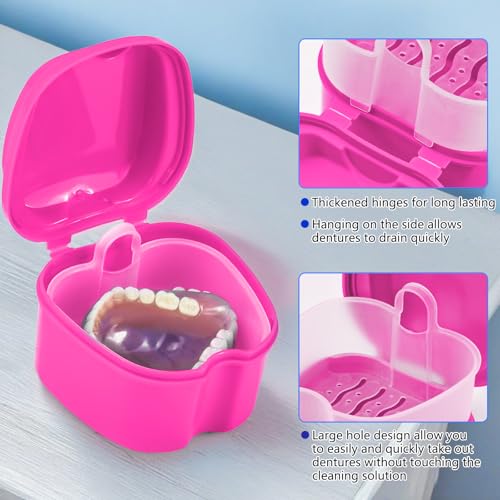 Denture Cup Retainer Cleaning Case False Teeth Soaking Container with 2 Brushes, Dental Retainer Cup Holder Case Denture Soaking Storage Box Case - White & Rose Red - color: White & Rose Red