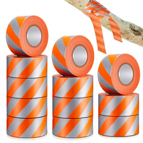 Pushglossy 12 Rolls 1.5" x 1800' Orange Flagging Tape with Silver Stripe | Non Adhesive, Reflective, Plastic Survey Ribbon Surveyor Caution Trail Marking Tape for Tree Mark Hunting Hiking Construction - size: 1.5"x 150'