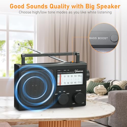 Portable AM/FM Radio with Bass Control, Equipped with a Built-in high-Power Speaker, Headphone Jack, and AUX Audio Input, Supports Battery or AC Power Operation (Black) - color: Black