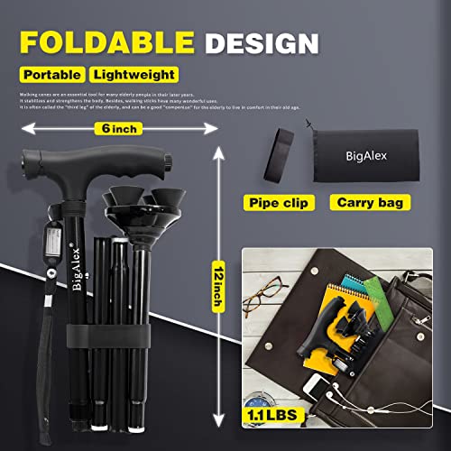 BigAlex Folding Walking Cane with LED Light,Pivoting Quad Base,Adjustable Walking Stick with Carrying Bag for Man/Woman (Alloy Base) - color: Black(30"-35")
