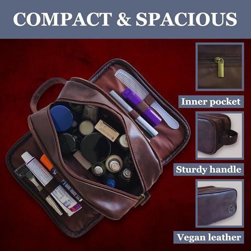 Premium Men’s Toiletry Bag with Drawstring Pouch – Durable Water-Resistant Leather-Look Travel Organizer for Shaving, Grooming & Hygiene Essentials (Dark Brown) - color: Dark Brown