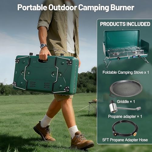 2 Burner Propane Stove, 20000BTU Portable Camping Stove with 2 Adjustable Burner and Wind Guards, Camping Cooktop with Ignition & Griddle for Camping,Tailgating, BBQ, Grilling,Outdoor Gear - color: Deep Green