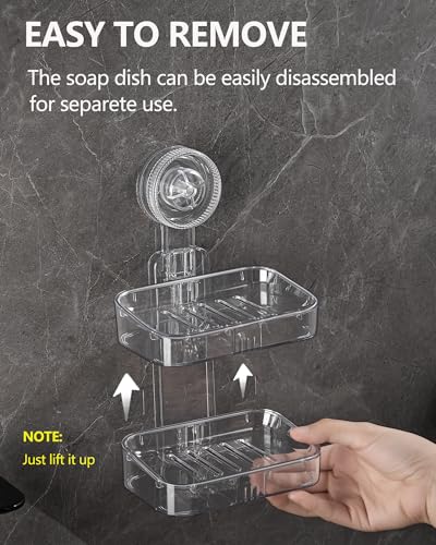 Soap Dish - Clear Suction Cup Soap Dish for Shower with Strong Suction & Reusable Adhesive NO-Drilling Self Draining Removable Waterproof Soap Sponge Holder for Shower Bathroom Bathtub Kitchen