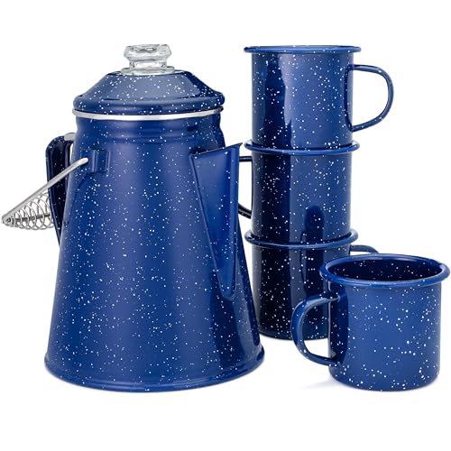 COLETTI Classic Enamel Set Coffee Percolator & Mugs — The Most Nostalgic Camping Coffee Pot, Now Modernized [Blue Enamel, 12 Cup Percolator Coffee Pot & Set of 4 Mugs] - color: Blue