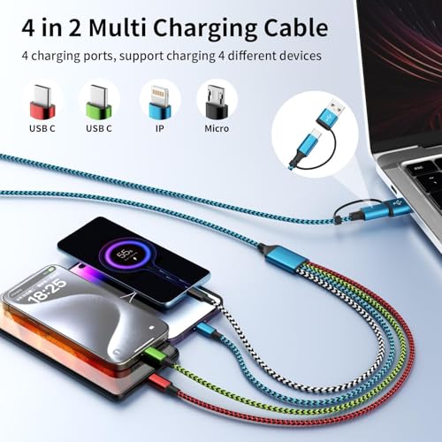 Travel 4 in 2 Charging Cords, USBA/C Multi Charging Cords 2 Pack 6FT | Dual Type C Universal Charging Cables for All Devices,iPhone Charger Cord for iPhone Series/Galaxy/Tablets/PS - color: Multicolor