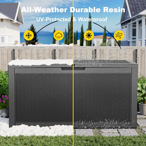 PatioZen 150 Gallon Resin Deck Box, Lockable Patio Outdoor Storage Box for Furniture, Garden Tools and Tools Storage, Waterproof Outside Storage Boxes - Black - color: Black, size: 150 Gallon