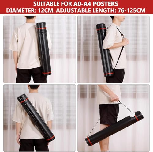 DEWEL Poster Tube 30"-51", Telescoping Blueprint Holder Art Tube with Strap - color: Black (Striped), size: X-Large