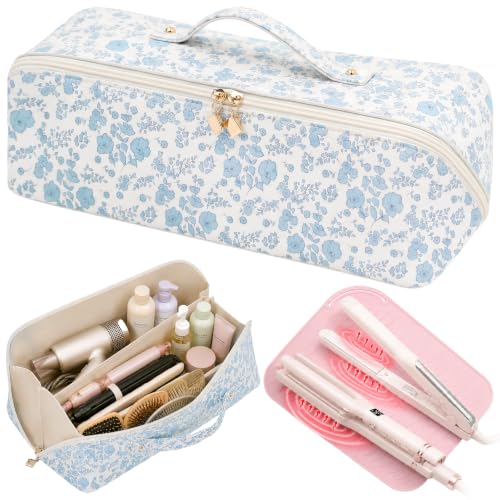 Waterproof Hair Tools Travel Bag with Heat-resistant Mat for Dyson Airwrap | PU Leather Organizer Compatible with Shark Flexstyle, Wide-open Hair Tool Bag, Fits Most Straighteners/Curlers/Dryer - color: Blue