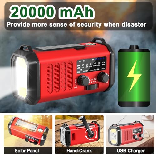 Emergency Radio NOAA Weather Radio Hand Crank & Solar Charging 20000mAh - color: Scarlet 20000mAh