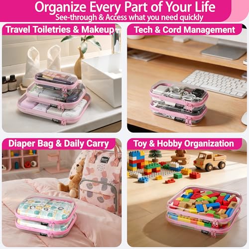 YQBRAO Clear Hard Shell Zipper Cases, 3 Large Travel Organizers, Pink - color: Pink, size: 3 Pack(L)