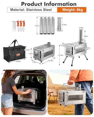 Camping Wood Stove，Wood Burning Tent Stove，Portable Hot Tent Stove for Camping, Hunting, Ice Fishing，Cooking，Shelter - color: Sliver
