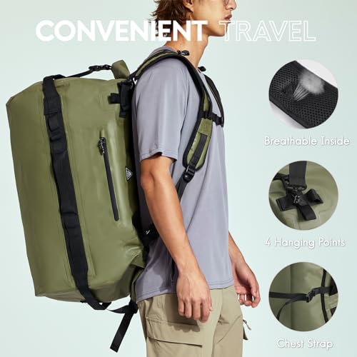 Haimont IPX7 Waterproof Roll-Top Dry Duffel Backpack | 60L/90L Sizes, 500D Tarpaulin, Welded Seams, Mesh Pockets, Boating & Kayaking - color: Army Green, size: 60L