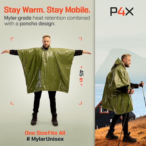 PREPARED4X Emergency Mylar Poncho – Survival Rain Poncho with Hood – Lightweight, Compact, Reusable Emergency Blanket Poncho for Hiking, Camping, Thermal Gear, Car Kit, Outdoors - color: Green 4-pack