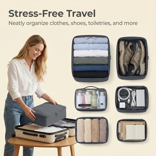 6 Set Compression Packing Cubes for 7–14 Day Travel, Charcoal Gray - color: Charcoal Gray