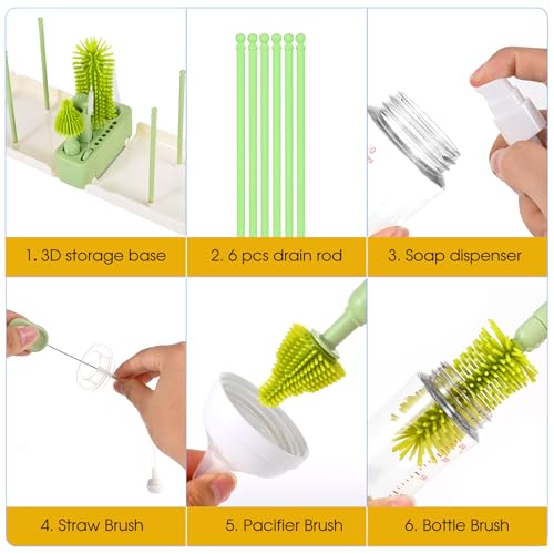 Travel Bottle Washing Kit with Storage Case, 7-in-1 Baby Travel Bottle Cleaner Kit for Travel and Home, All-in-One Baby Bottle Brush Set with Drying Rack for Bottles and Breast Pump Parts (Green) - color: Green
