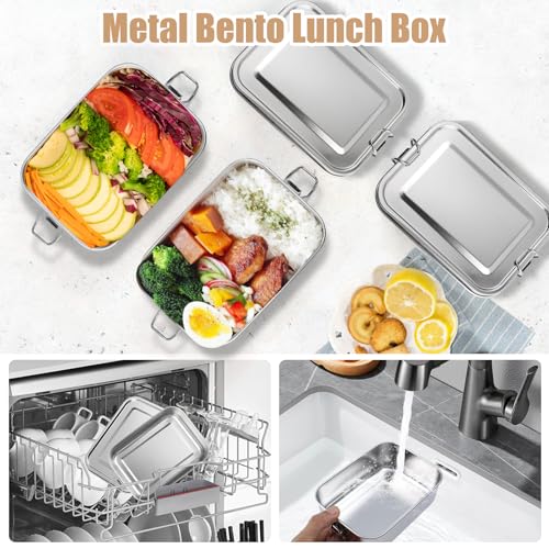 4 Pcs Stainless Steel Bento Box, Metal Lunch Box, Food Storage Containers with Lockable Clips to Leak Proof, Reusable Metal Lunch Snack Boxes for Work, Picnic, Camping, Dishwasher Safe(850ml)