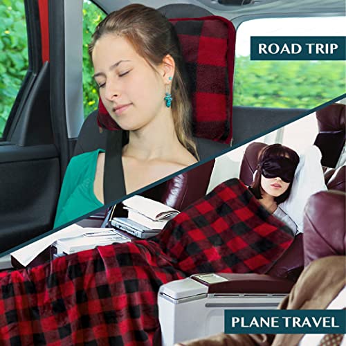 PAVILIA Travel Blanket Pillow, Soft Airplane Blanket 2-IN-1 Combo Set, Plane Blanket Compact Packable, Flight Essential Car Pillow, Travelers Gift Accessories Luggage Backpack Strap, 60x43 Checker Red - color: Checker Red