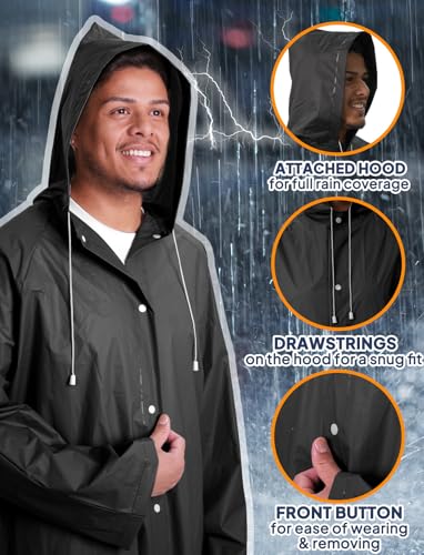 ANYOO 2-Pack Rain Ponchos for Adults Reusable Raincoats with Hooded and Drawstring Emergency for Men Women - color: Black