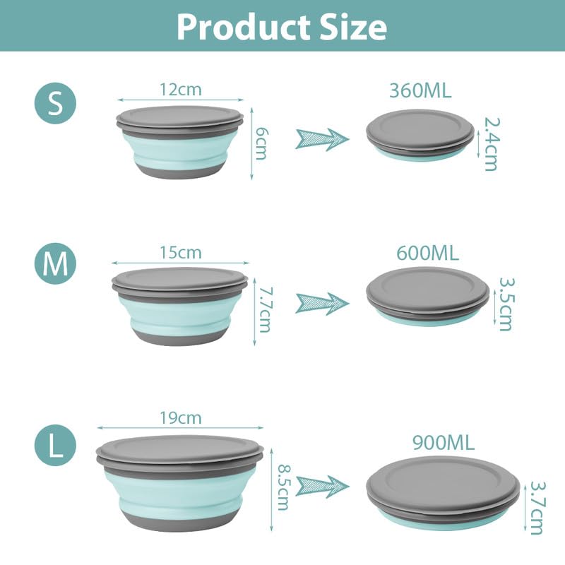 flintronic 3Pcs Collapsible Camping Bowl Sets, Portable Silicone Bowl with Lid, Folding Bowl, Portable Salad Bowl, Folding Lunch Box for Camping, Kitchen, Hiking