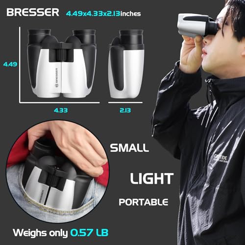 BRESSER 10x25 Binoculars for Adults and Kids, Folding Compact Binocular with Weak Light Vision, Lightweight Small Binoculars for Bird Watching, Travel, Concerts, Hunting, Hiking (White) - color: White