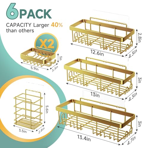 Veken Adhesive Shower Caddy 6-Pack,Gifts for Women Mom,Heavy Weight Bearing,Large Wall Mounted Bathroom Shelves Rack,Organizer Storage Accessories with Soap Dish&Toothbrush Holder,Bright Gold - color: Bright Gold