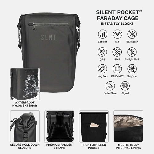 SLNT Faraday Backpack - Waterproof Signal Blocking Dry Bag (20 Liter) | Fits 17 Inch Laptop, Padded Shoulder Straps, 400D Waterproof Nylon TPU, RF-Welded Seams, Roll-Top Closure - size: 20L